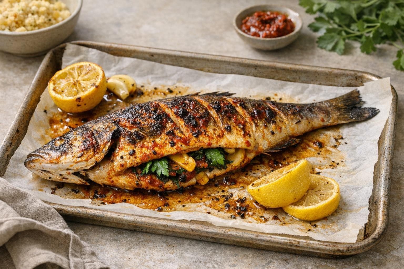Harissa-Roasted Branzino with Preserved Lemon