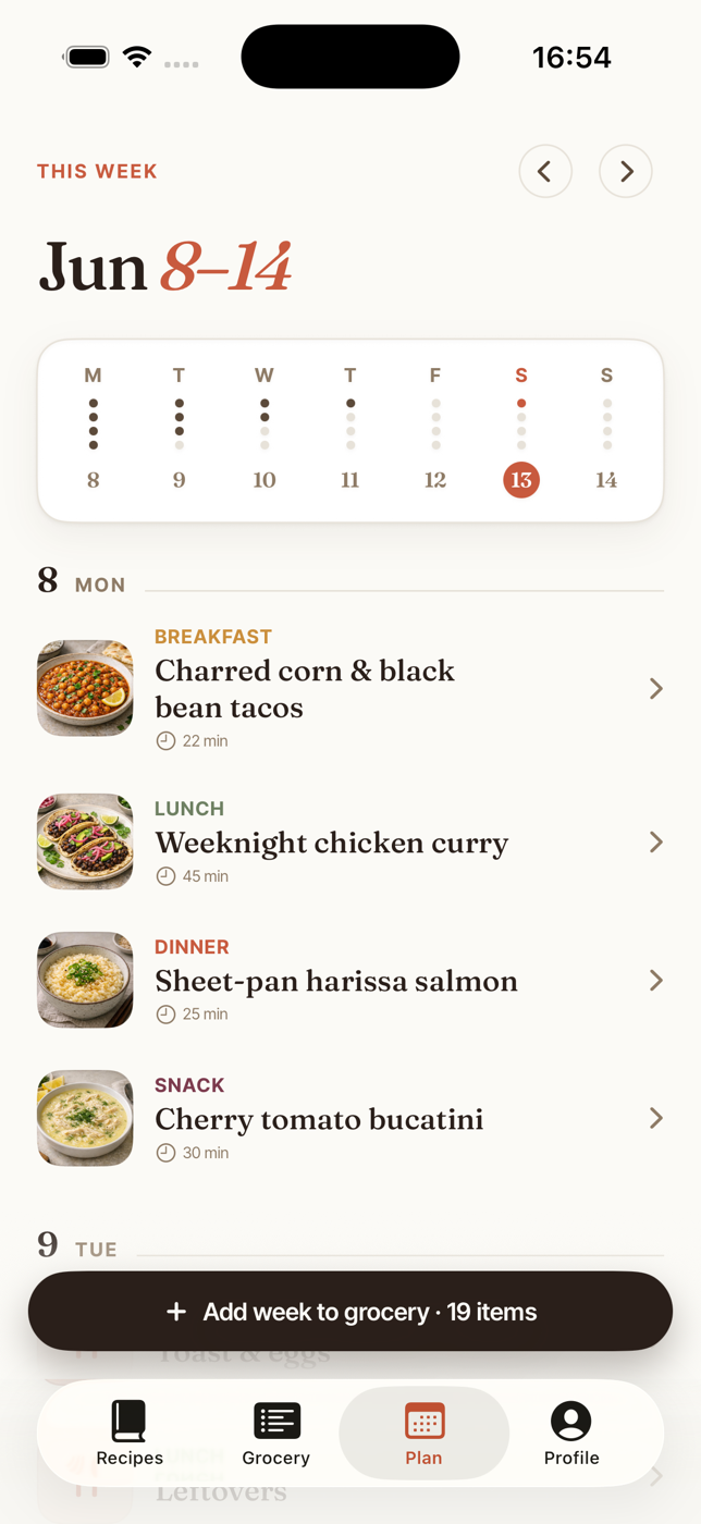 A week of meals planned in Hearth