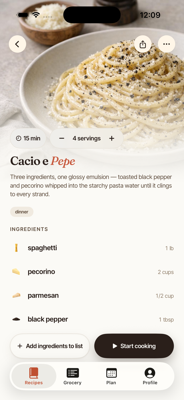A recipe detail page in Hearth